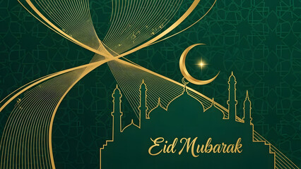 Elegant Eid Mubarak greeting card featuring a golden mosque silhouette, crescent moon, and abstract lines on a dark green background.
