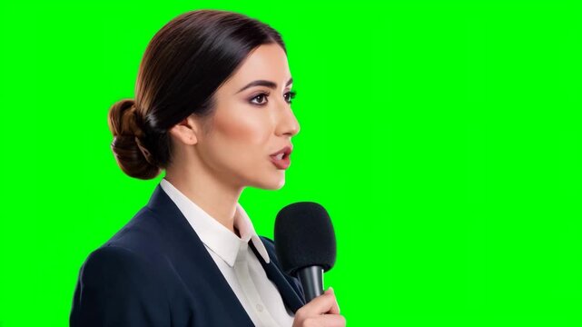 Young woman holding microphone and talking on green screen chroma key background