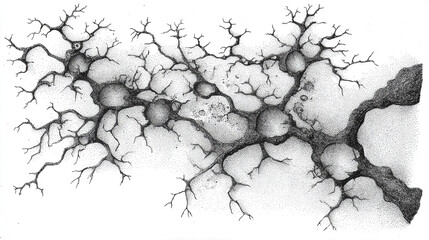 Abstract neuron-like structure with branching connections, evoking neural networks, brain activity, and intricate organic patterns for scientific or conceptual visuals