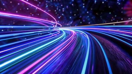 Vibrant Light Trails on a Multicolored Background with Stars and Abstract Designs in Motion