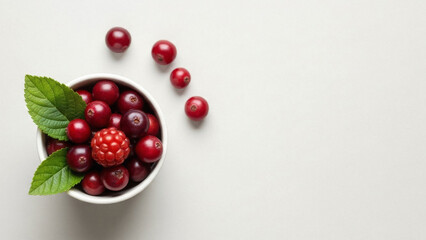 Fresh Cranberries in White Bowl with Leaves.