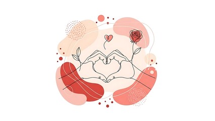 Minimalist continuous line art of hands forming heart shape with floral elements and organic red shapes on white background