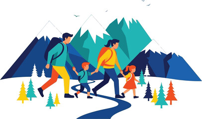 Stylized vector illustration depicts a vibrant family of four embarking on a cheerful mountain hiking and trekking adventure across a winding forest trail