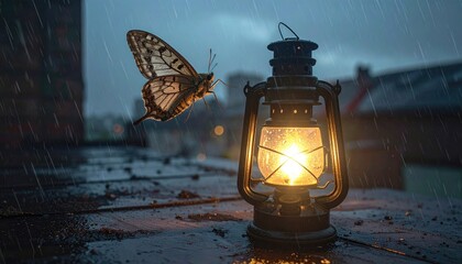 A luminous lantern with a butterfly in the rain, on a rooftop