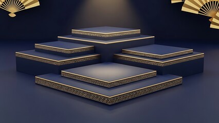 Elegant geometric display platform with gold accents for product presentation