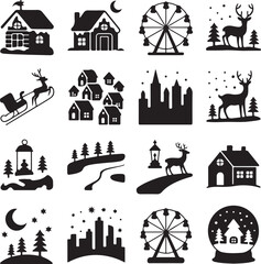 black and white silhouettes of winter holiday icons and landmarks