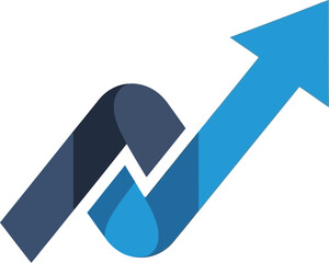Abstract graphic design featuring a stylized, intertwined letter n shape leading into a bright blue upward trending arrow symbolizing growth and progress