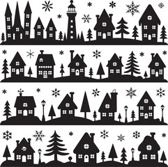 blacksilhouetteillustrationsofhousesandtreesinwinter