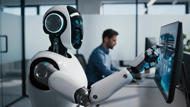 Robot works at computer monitor while man types in office workspace. Humanoid android touches screen near human colleague. Robot and man work together. Android uses monitor in modern office.