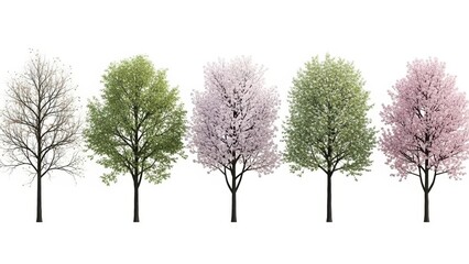 Tree Seasons Five Stages of Seasonal Trees Isolated on White
