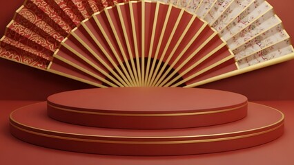 Elegant red podium and decorative fans for product display and presentation