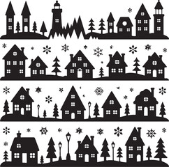 blackandwhite illustration of houses and trees with snowflakes