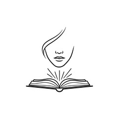 Icon of a book with a face above, representing concepts of knowledge and learning