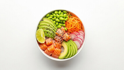 Poke Bowl with Avocado and Vegetables.