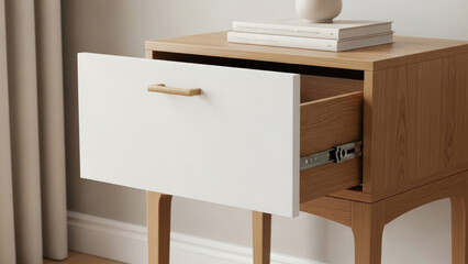 Modern Wooden Nightstand with Open Drawer and Books.