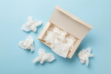 Open cardboard box with crumpled white tissue paper scattered on blue background, minimal packaging and waste concept