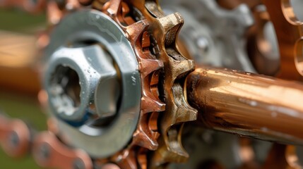 Close-Up of Bicycle Chainring and Cog in a Detailed Metal Finish with Copper Tones and Intricate Gear Design