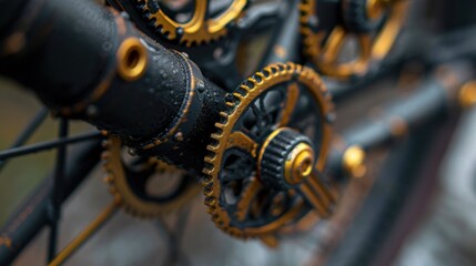 Close-Up of Vintage Bicycle Gears and Cogs with Water Droplets on Dark Background