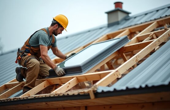 Worker installs skylight window into house roof frame. Construction worker fits new dormer in building structure. Roofer at work on residential home exterior, adding rooftop light.