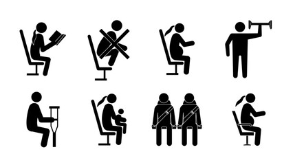 Vector icons set for priority seating and safety rules in public transport. Includes symbols for pregnant women, disabled people, infants, and seatbelt usage.