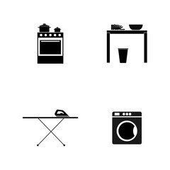 Black and white vector icons of household appliances-stove. Table, ironing board, and washing machine, flat vector illustration.
