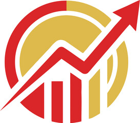 Abstract financial growth icon featuring a rising red arrow chart superimposed over a golden circular element indicating prosperity and investment success