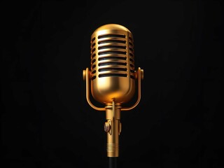 A vintage gold microphone stands alone against a dark background