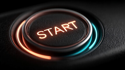 Modern glowing power button with the word “START,” symbolizing activation, technology, energy, and innovation, designed for digital interfaces, tech, and futuristic concepts