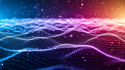 Futuristic data visualization of a glowing particle wave moving through a vibrant colorful landscape