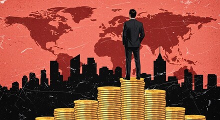 Businessman standing on stacks of gold coins overlooking a city skyline with a world map in the background symbolizing global financial success and investment opportunities