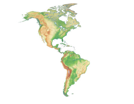 Detailed topographic map of the americas showing elevation and terrain textures across north, central, and south america