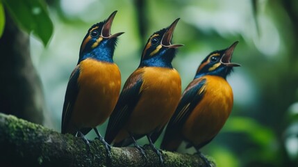 Three vibrant birds singing in a lush rainforest