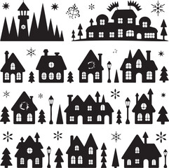 black silhouette houses and trees on white background