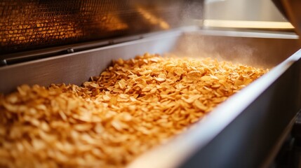 Industrial cereal flakes drying in a food processing machine
