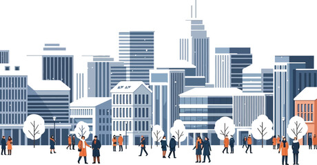 Diverse group of pedestrians wearing warm winter coats stroll across a snow-covered city park plaza against a backdrop of modern skyscrapers under snowfall