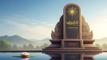 Commemorating myanmar independence day solemn monument stands on calm water featuring sun emblem and lotus carvings