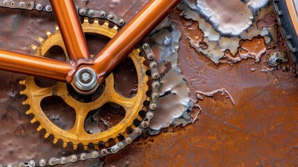 Close-Up of Bicycle Gear and Chain on Rusty Metal Surface Highlighting Mechanic Design and Urban Aesthetic