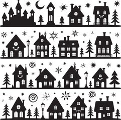 blacksilhouetteofhousesandtreeswithstarsandmoon