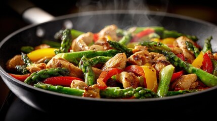 Chicken asparagus bell pepper stir fry cooking in pan