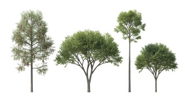 Trees Isolated on White Background - Various Types, Green Foliage, Clipping Path