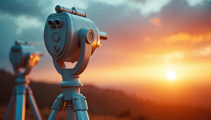 Two coin operated telescopes on tripods stand ready for viewing at sunset. Landscape view offers warm orange sky with soft clouds. Sun sets over distant hills, creating a peaceful scene.