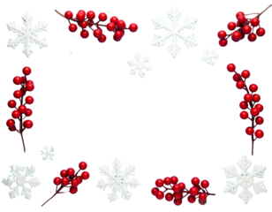  - Winter flat lay with red berries and snowflakes on blue background 