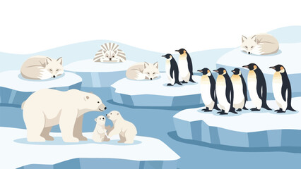 Charming illustration depicts various arctic and antarctic animals including polar bears, arctic foxes, and emperor penguins gathering on floating ice floes.
