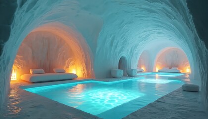 Luxurious underground spa cave with illuminated pool. White modern lounge beds and soft lighting create warm ambiance. Unique ice architecture offers serene relaxation retreat.