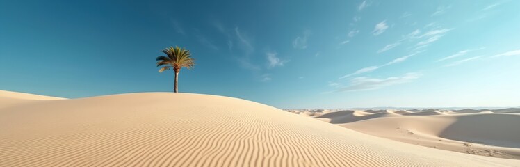 Lone palm tree stands on sand dune under vast blue sky with thin clouds. Desert landscape features undulating sandy hills with wind-blown ripples. It conveys sense of isolation and natural beauty.