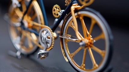 Detailed Close-Up of an Intricate Model Bicycle Featuring Gears and Gold Accents in Stunning Metallic Finish
