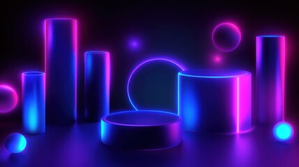 Neon Geometric Shapes, Abstract Display, Dark Background, Product Presentation