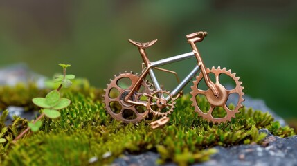 Miniature Bicycle Model with Gears on Green Mossy Background in Nature Setting