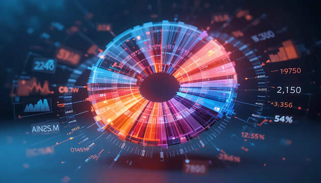 Abstract Futuristic HUD User Interface Data Visualization Concept. Circular Infographic Dashboard with Glowing Graphs, Charts, and Analytics for Big Data, Financial Trends, and Tech.