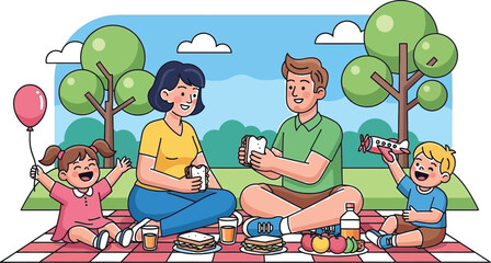 Happy cartoon family enjoying a sunny outdoor picnic together on a red checkered blanket with food and toys under green trees